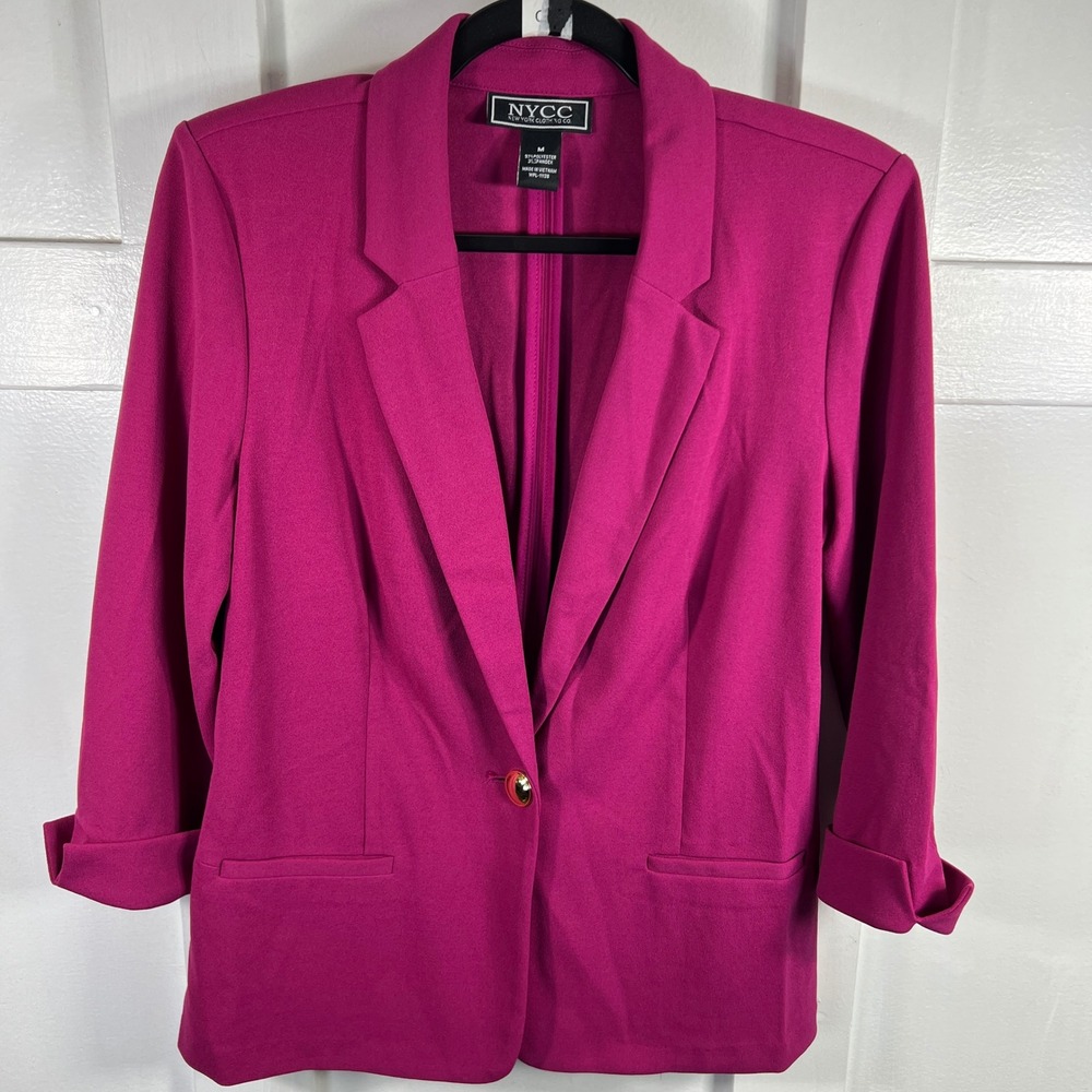 NYCC Magenta Pink Single Button Blazer 3/4 Roll Sleeve Jacket Womens Medium